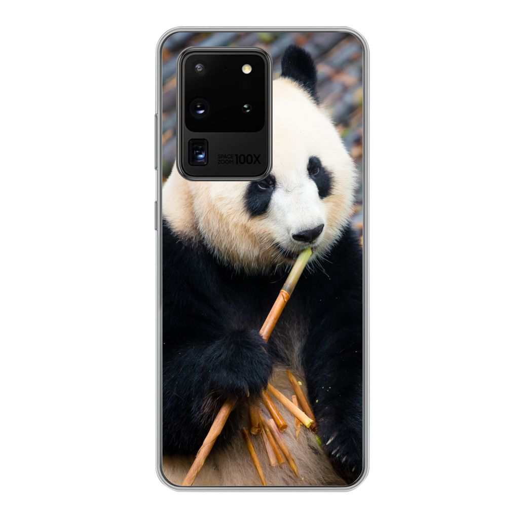 MuchoWow Handyhülle Schutzhülle Hülle für Samsung Galaxy S20 Ultra Großer Panda - Bambus - Blätter Silikon Softcase Handy Hülle - Kartenin...