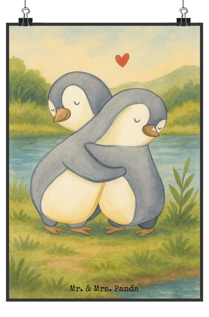 Mr. & Mrs. Panda Bild Pinguine Kuscheln Design DIN A2 - Weiß - Geschenk, kunstdruck poster, Plakat, Jahrestag, Freund, für Partner, Frauen, Hochz...