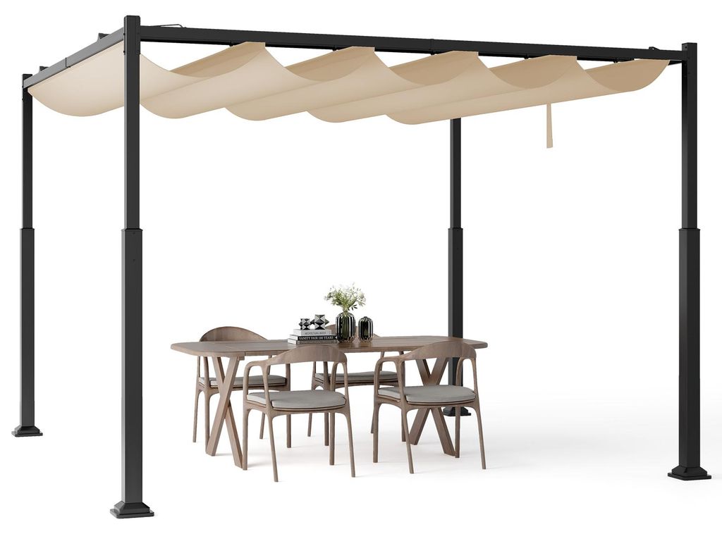 COSTWAY Pergola 3,1x3,1m mit Schiebedach, Pavillon wasserdicht stabil Winterfest, Gartenpavillon mit robusten Metallsäulen, Beige