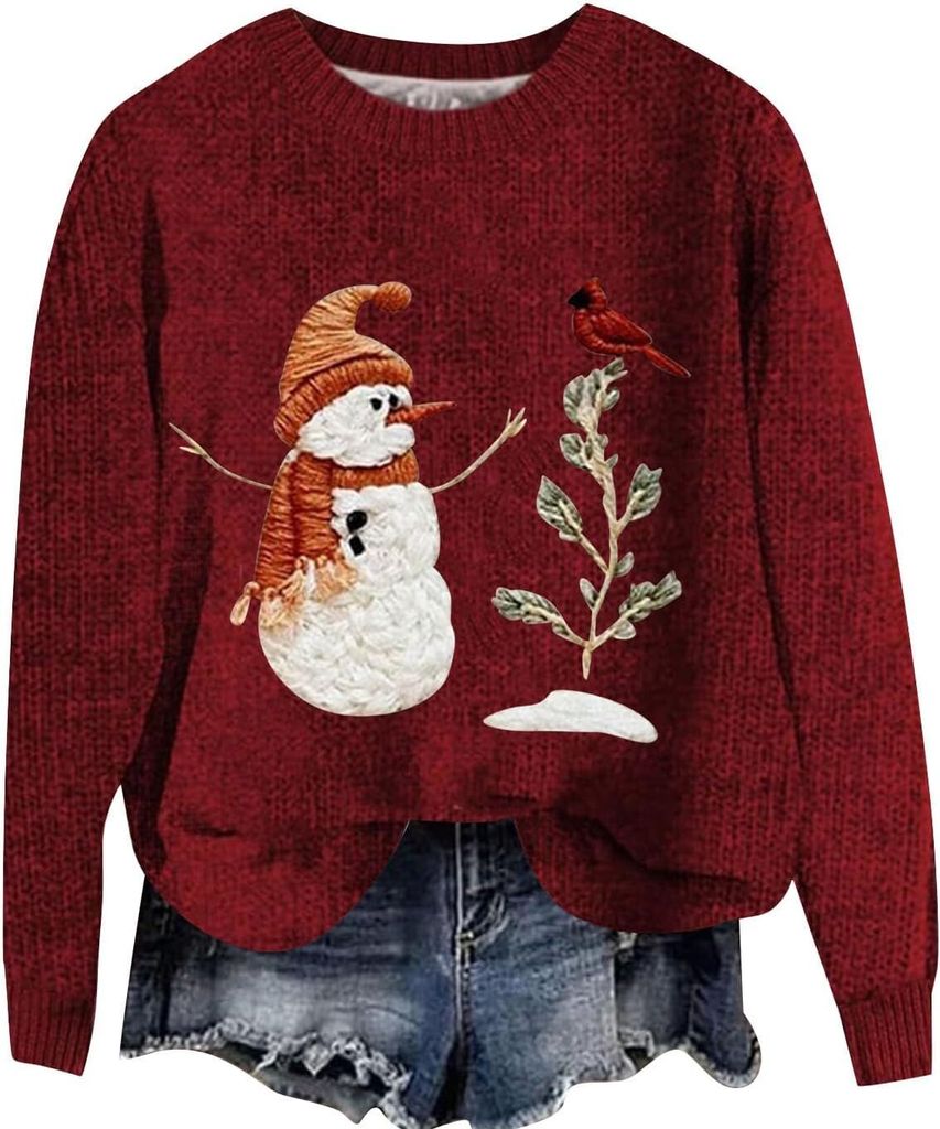 ASKSA Damen Lustige Weihnachtspullover Strickpullover Winter Rundhals Pulli Christmas Sweater Langarm Oberteile Warm Weihnachtspulli,A-Rot,XL
