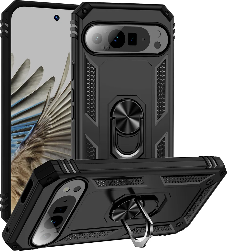 Custodia per Google Pixel 9 Pro XL a doppio strato, robusta e con protezione militare, con supporto ad anello e supporto Nero