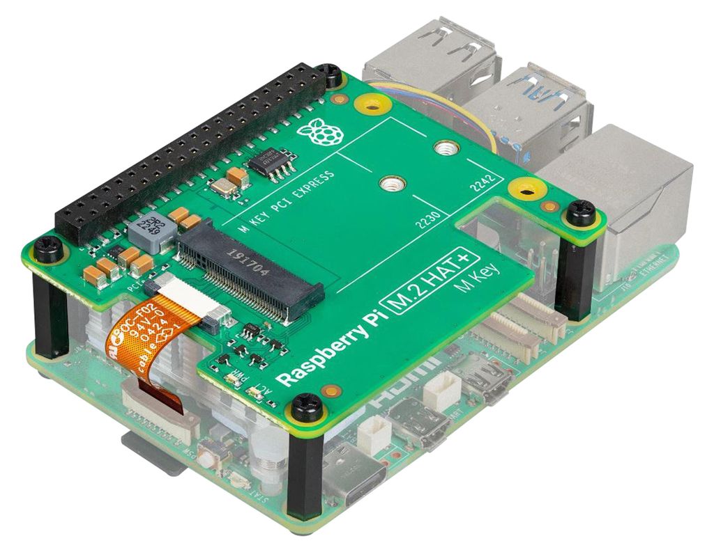 A Raspberry Pi 5 with an M.2 HAT+ attached, showing the connection ports.