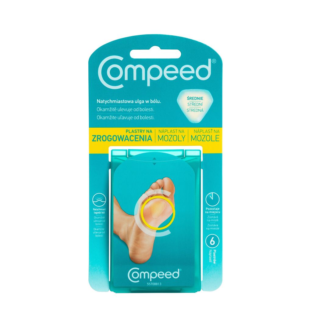 A package of Compeed blister plasters for corns and calluses, showing a diagram of a foot with a plaster applied.