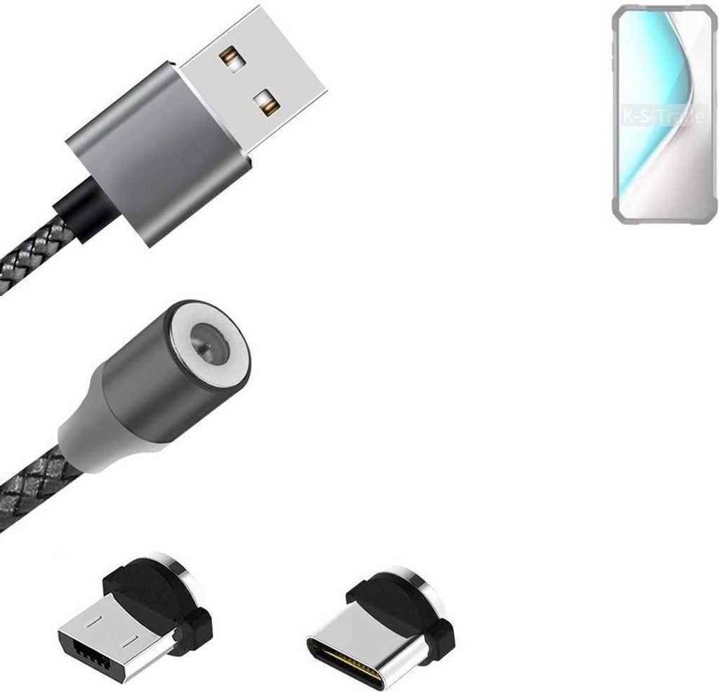 K-S-Trade Hochwertiges Magnet-Lade-kabel Sync-Kabel Daten-Kabel für Unihertz 8849 Tank 2 Pro mit USB-Typ-C-Anschluss und Micro-USB-Anschluss 2A bis