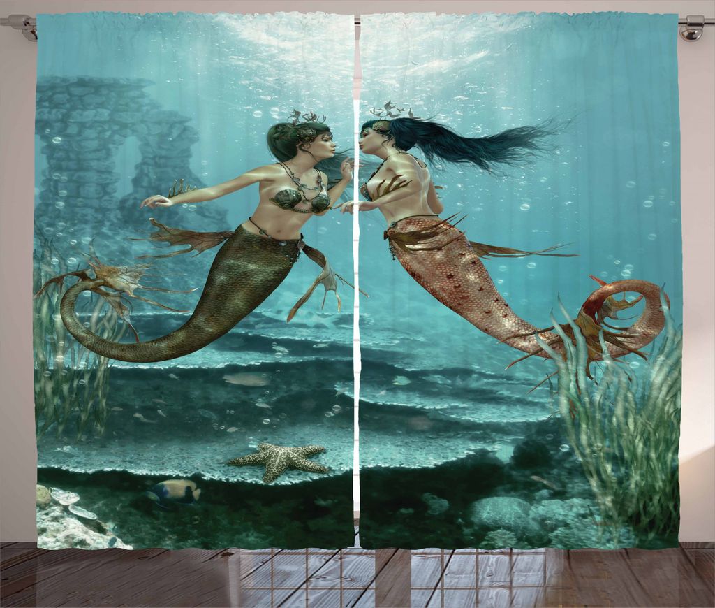 ABAKUHAUS Meerjungfrau Rustikaler Vorhang, Sea Star und Algen, Wohnzimmer Universalband Gardinen mit Schlaufen und Haken, 280 x 245 cm, Mehrfarbig