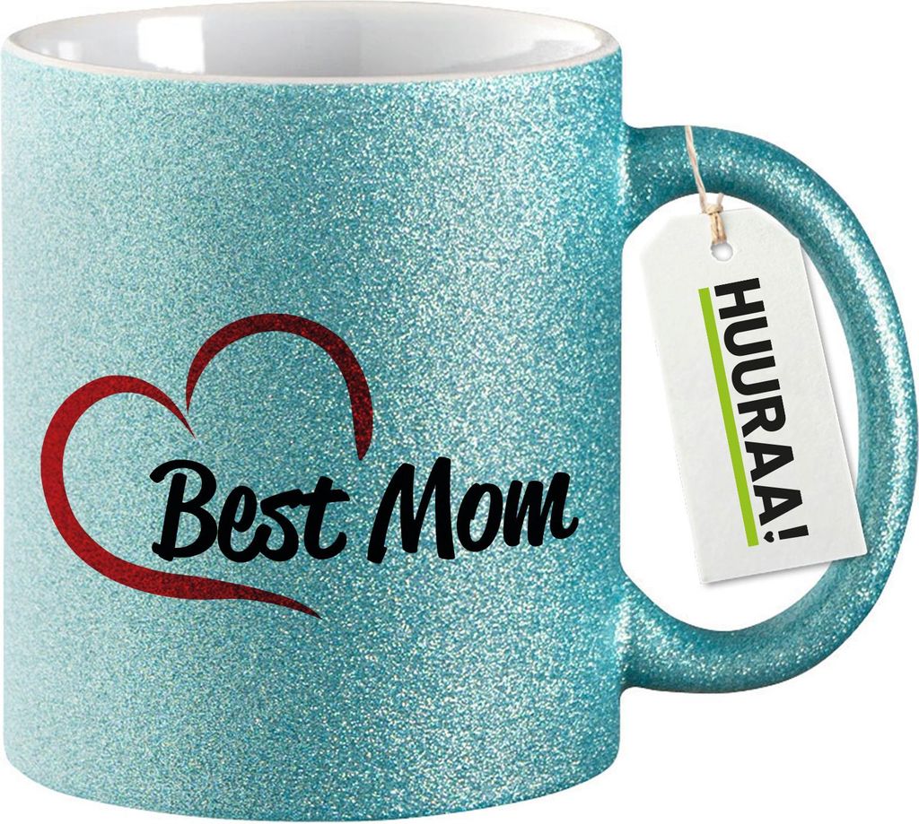 Huuraa Glitzertasse Best Mom Heart 330ml Blau Keramik Kaffeebecher Geschenkidee