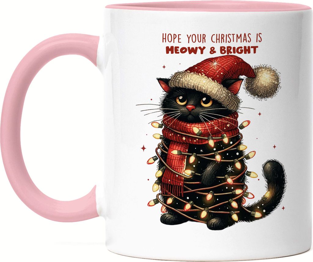 Hope Your Christmas Is Meowy Bright Lustiges Katzenmotiv Tasse Rosa Geschenkidee witziges Design Weihnachten