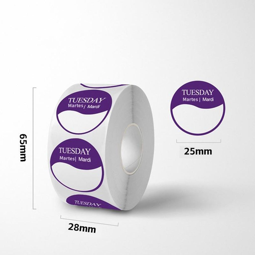 INF Lila Dienstag Aufkleber, 500 Stück, 2 Rollen - Englische Wochentags Etiketten