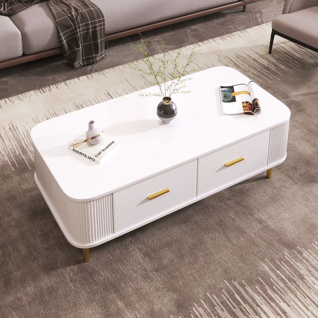 okwish Couchtisch Beistelltisch mit Schubladen, geschwungenen Ecken, Wohnzimmertisch mit gewellten Seiten, goldenen Griffen und Beinen, Weiß
