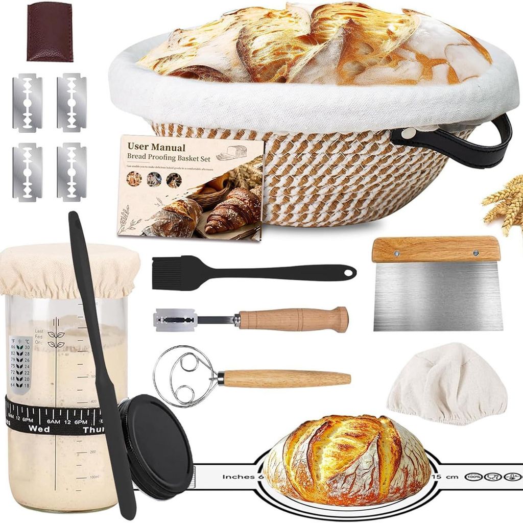 10-teilig Gärkorb Brot Set, 23 cm Gärkorb rund und Komplettset Backzubehör, Gärkörbchen für Brot brot backen Gärkorb rund Einsteigerset für...