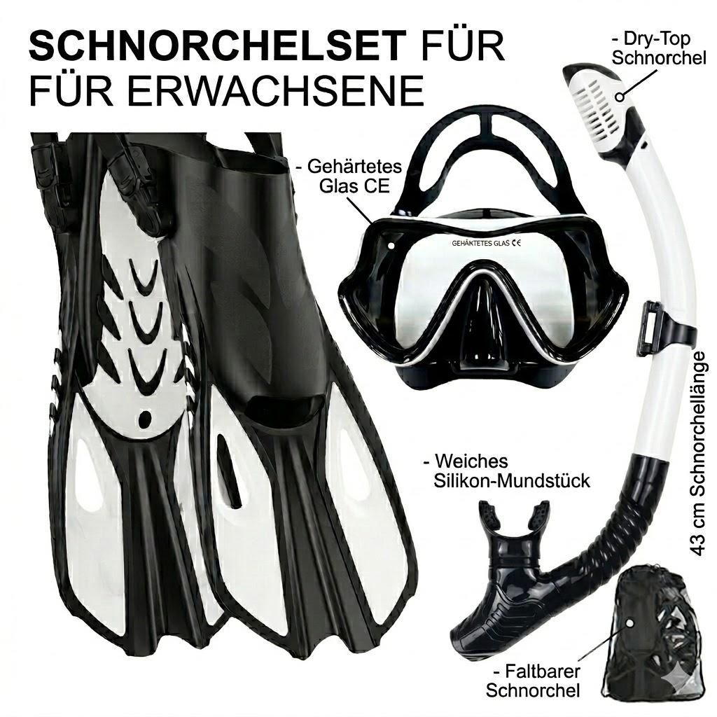 Schnorchel-Set für Erwachsene – mit Flossen, Panoramamaske, Trocken-Schnorchel, Größe L/XL
