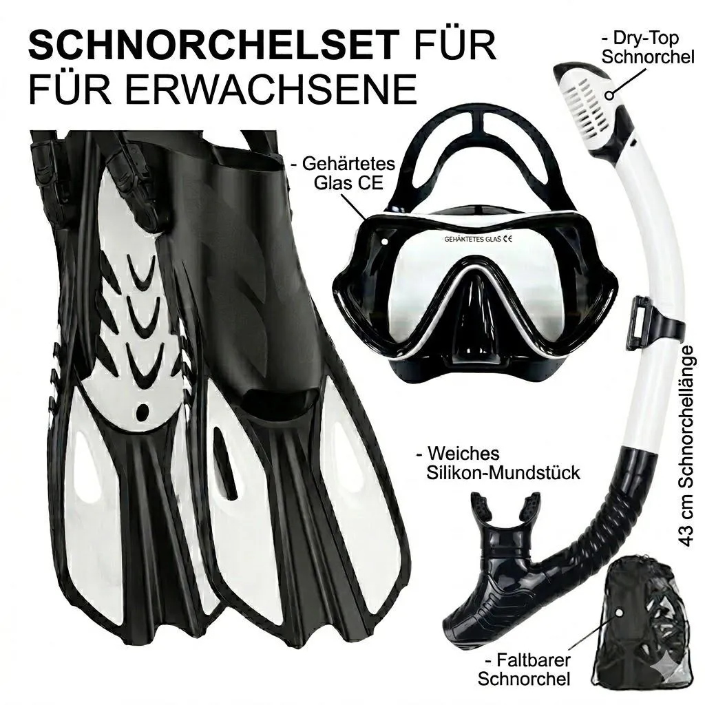 Kit de plongée anti-buée avec tuba sec et palmes confort taille L/XL
