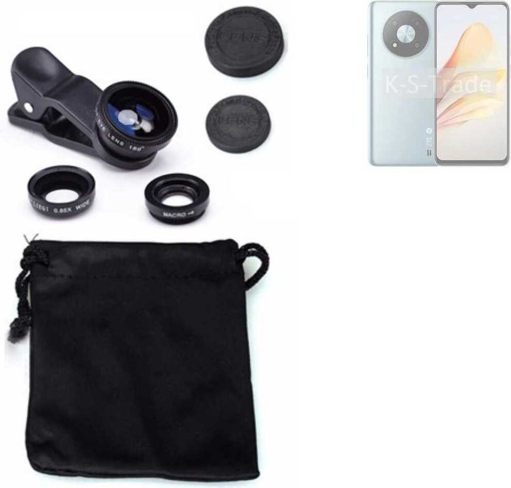 K-S-Trade Smartphone Kamera Linsen Set Kompatibel mit ZTE Voyage 40 5G 3in1 Clip-On Kamera Adapter Macro Weitwinkel FishEye Fischauge Objektiv Linse