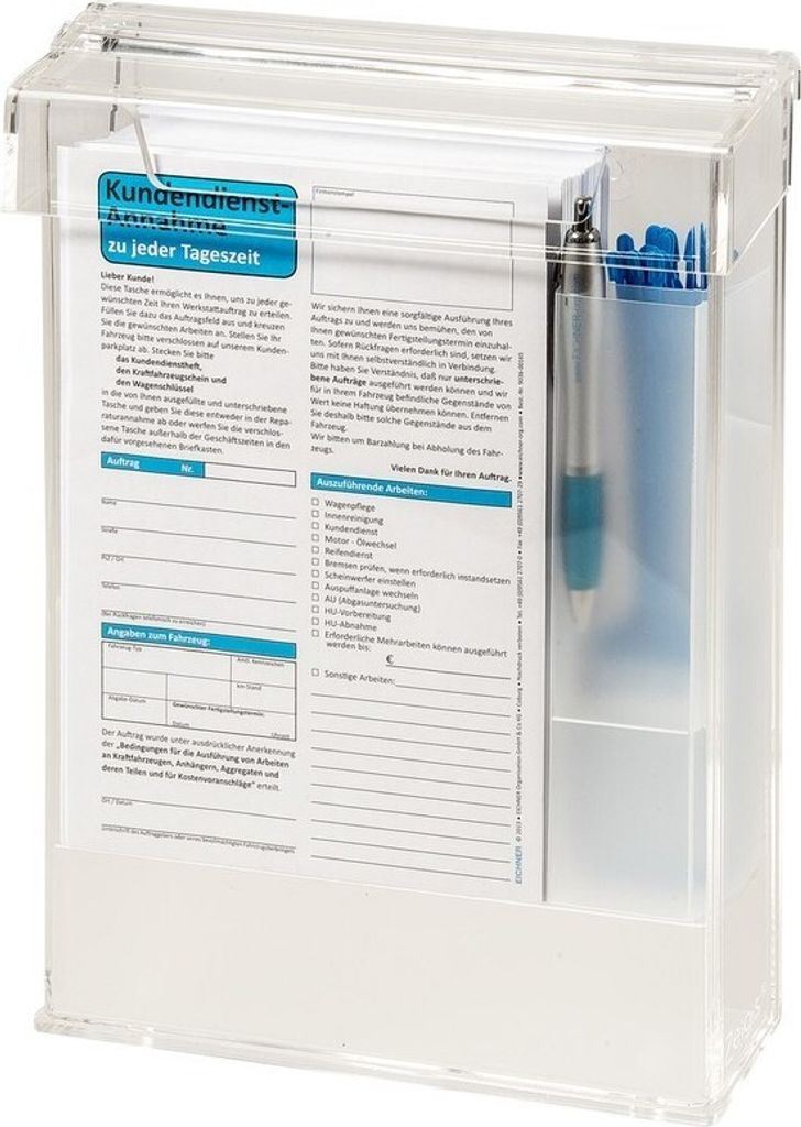 Prospektbox mit Deckel, Lieferumfang: 50 Stück 24-Stunden-Annahmetaschen und 25 PP-Schlüsselanhänger blau, Transparent, Verpackungseinheit: 1 STK