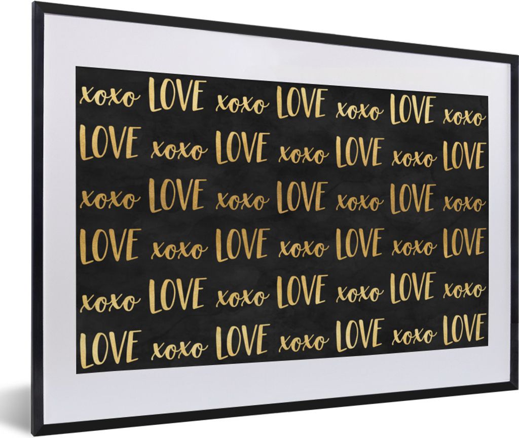 MuchoWow Gerahmtes Poster Muster - Liebe - Gold - Schwarz 60x40 cm - Poster mit Schwarzem Bilderrahmen Wandposter Rahmen Foto Bilder - Schlafzimm...