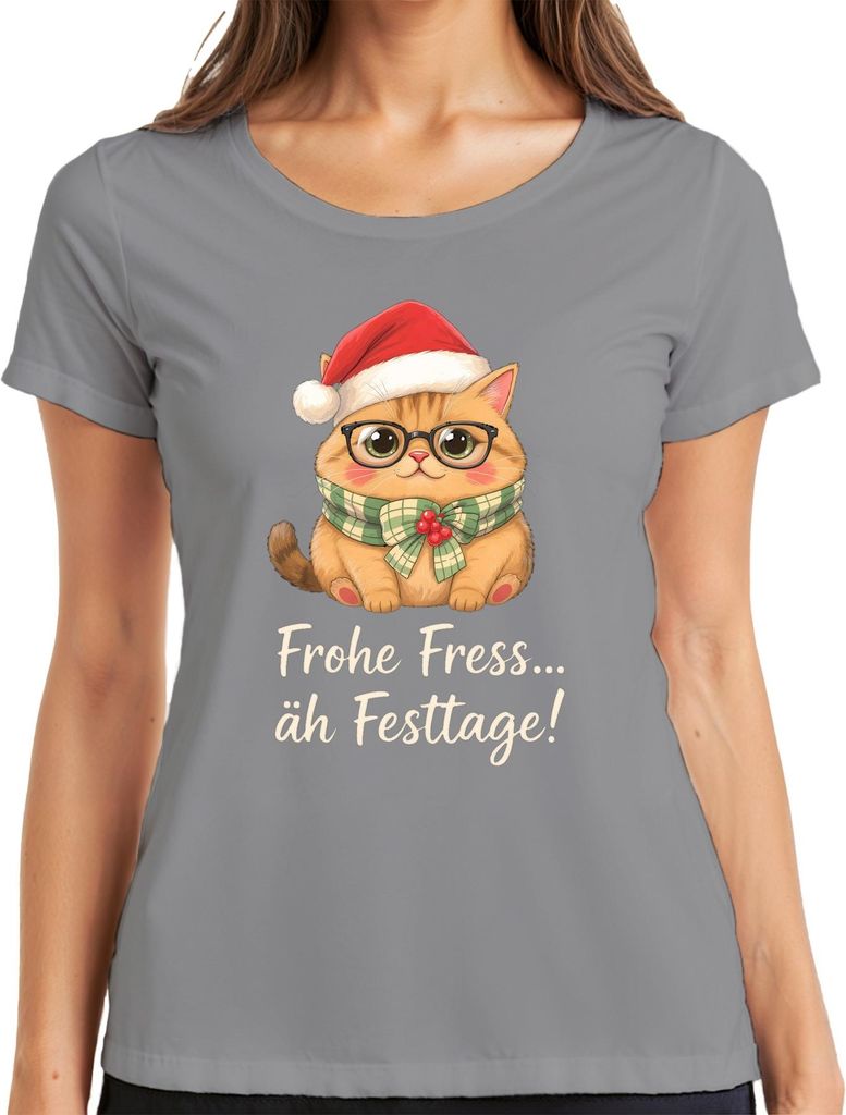 Frohe Fress äh Festtage Weihnachtskatze lustig Geschenk Niedlich Damen T-Shirt, Grau, XXL