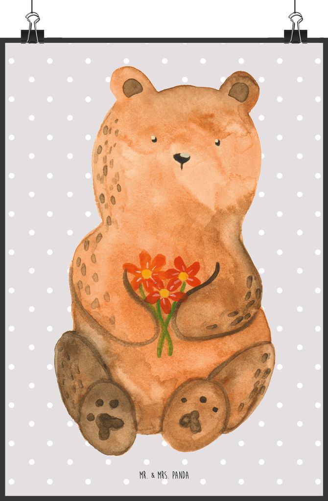 Mr. & Mrs. Panda Bild Bär Dankbar DIN A2 - Grau Pastell - Geschenk, Plakat, Danke, wanddeko, Deko, Kunstdruck, Blumen, Dankeschön, drucke, Teddy