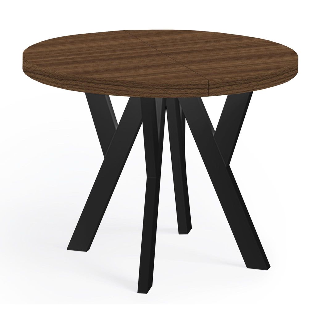 A round dining table with a wood-grain top and black metal legs, presented on a white background.