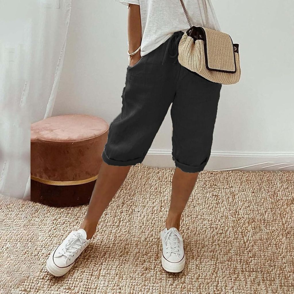 Damen Leinen-Shorts Sommer Knielang mit Kordelzug, Luftig Produktbild 2