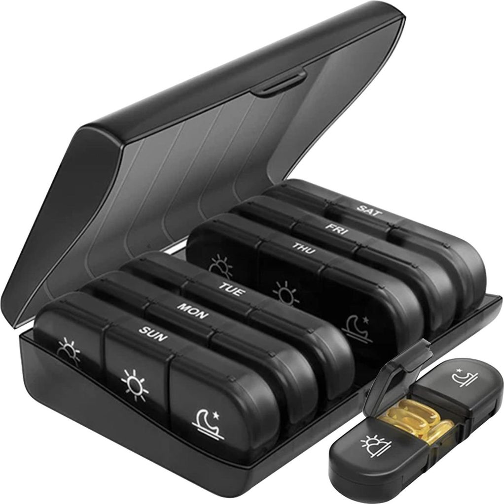A black pill organizer with multiple compartments, shown open with one compartment detached and filled with capsules.