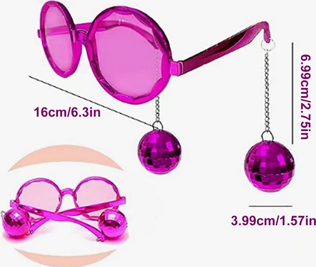 Discokugel-Brille, Kunststoff, Retro-Funky-Sonnenbrille mit Discokugel-Anhänger, Partyzubehör, Karnevalszubehör für Damen und Herren