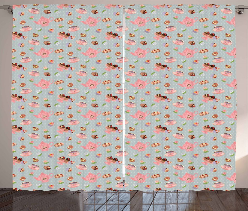 ABAKUHAUS Tee-Party Rustikaler Gardine, Blumen und kleine Kuchen, Schlafzimmer Kräuselband Vorhang mit Schlaufen und Haken, 280 x 245 cm, Mehrfarbig