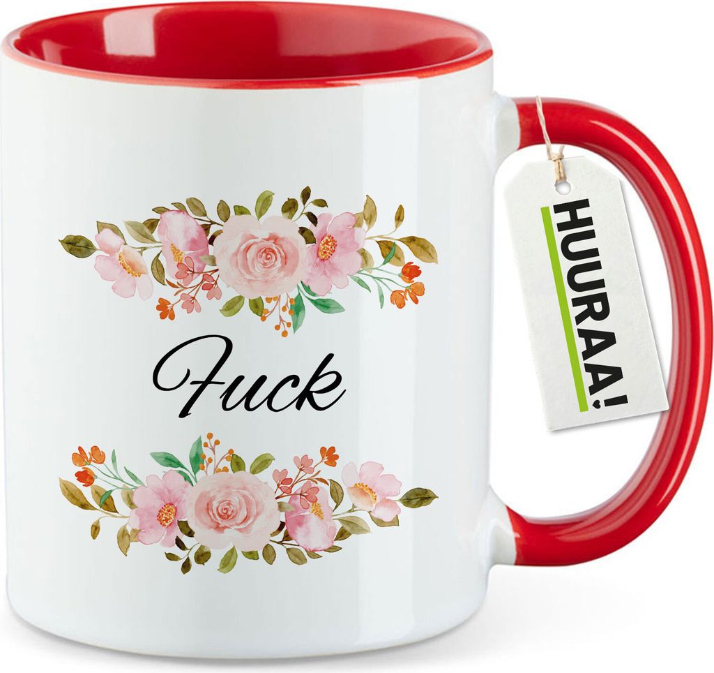 Huuraa Kaffeetasse Fuck englisch Blumen 330ml Rot Keramik Kaffeebecher Geschenkidee