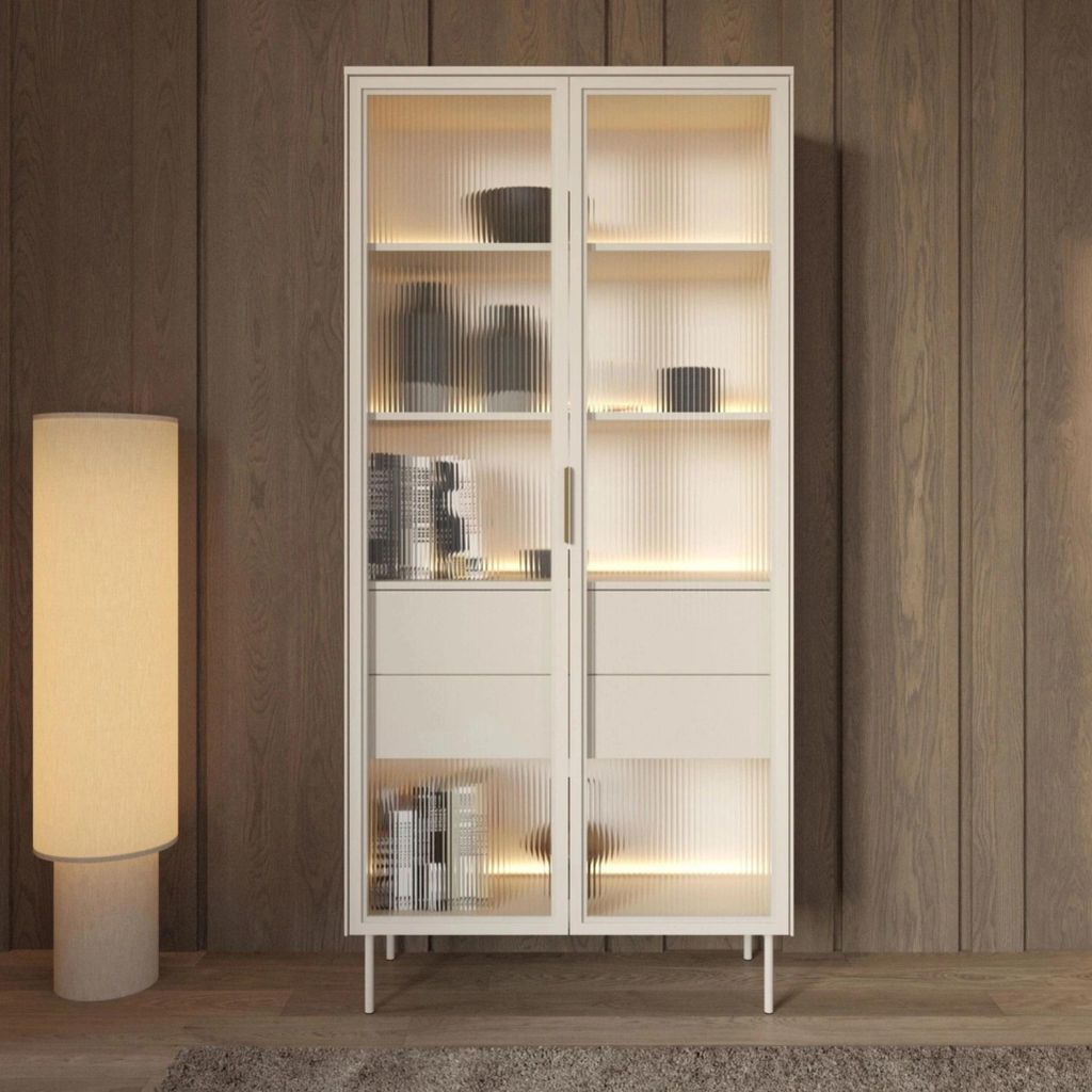 Vitrína LUMI 92 cm kašmírové rebrované sklo LED zlatá Obrázok produktu 