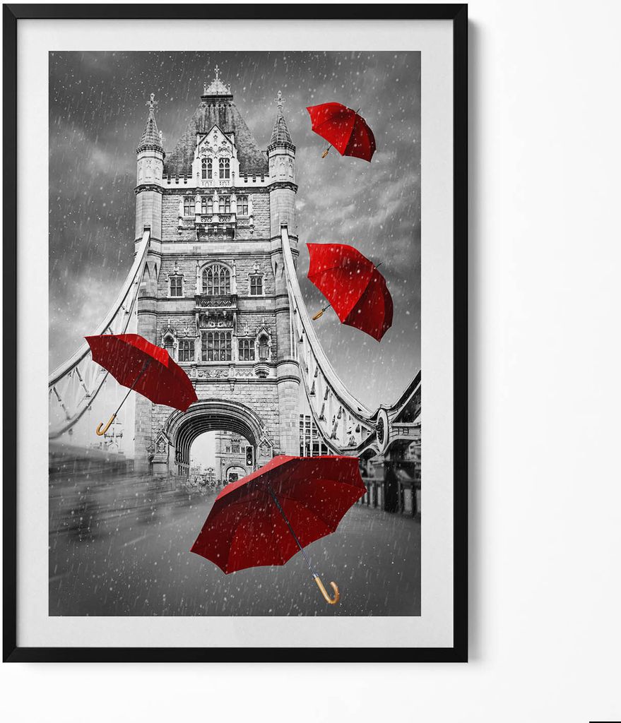 Schwarze Regenschirme auf einer Brücke London– Wandbild mit Rahmen – Gerahmtes Bild – Wanddekoration – 70x100 cm – Schwarz Rahmen