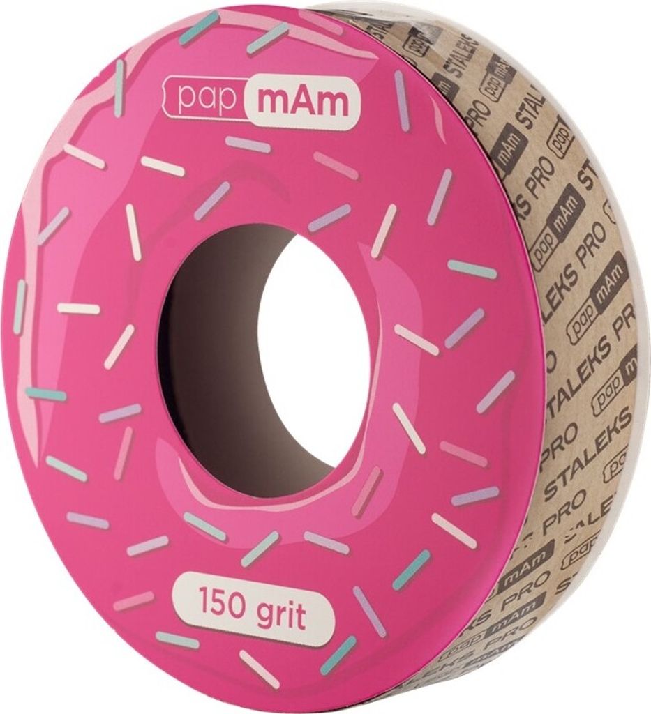 A pink donut-shaped roll of abrasive paper with sprinkles.