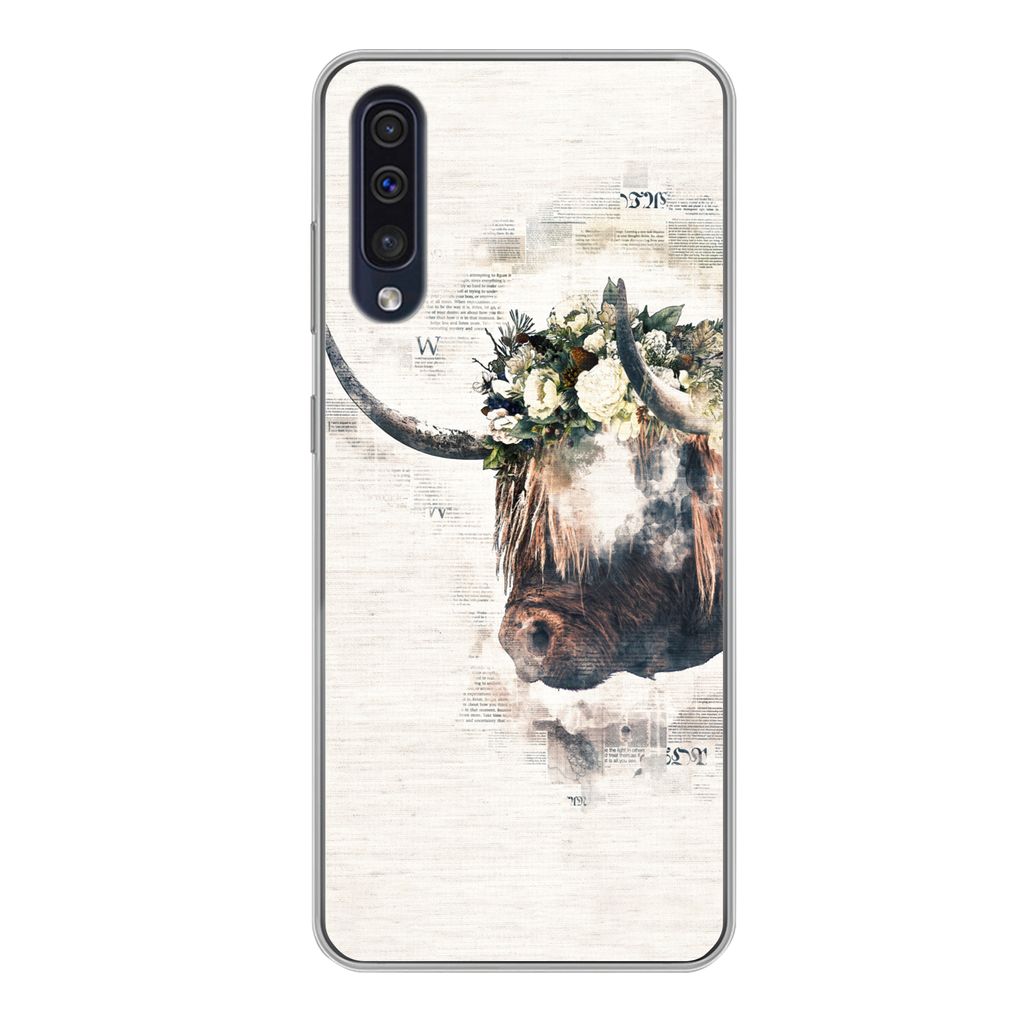 MuchoWow Handyhülle Schutzhülle Hülle für Samsung Galaxy A50 Schottischer Highlander - Rauch - Blumen Silikon Softcase Handy Hülle - Mobilte...