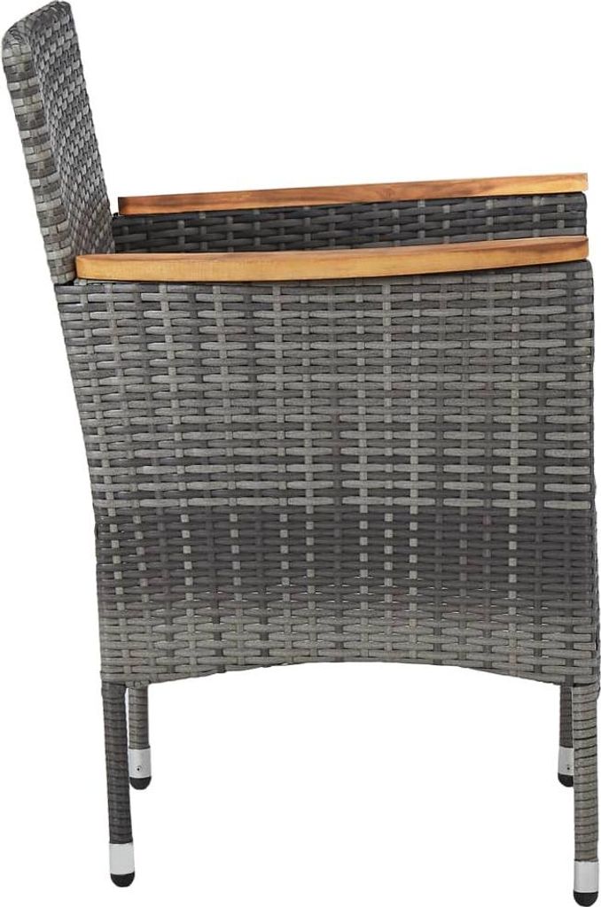 Side view of a single gray rattan armchair with wooden armrests.