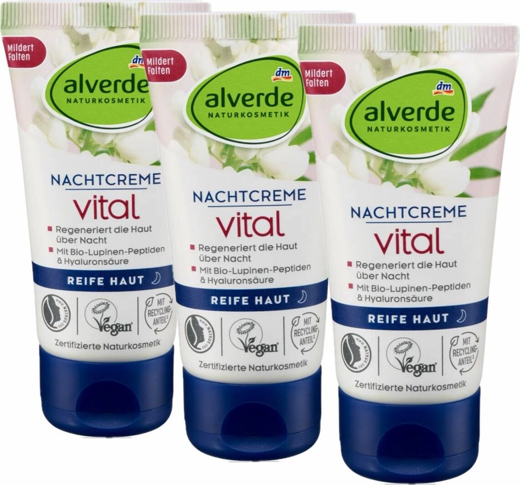 3 x alverde Naturkosmetik - Nachtcreme / Gesichtscreme Vital Bio-Lupinen-Peptide (3 x 50 ml)