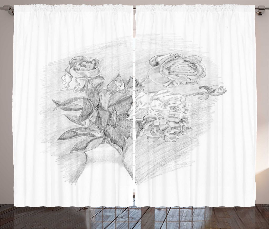 ABAKUHAUS Holzkohle Rustikaler Gardine, Bleistiftzeichnung von Roses, Schlafzimmer Kräuselband Vorhang mit Schlaufen und Haken, 280 x 225 cm, Grau...