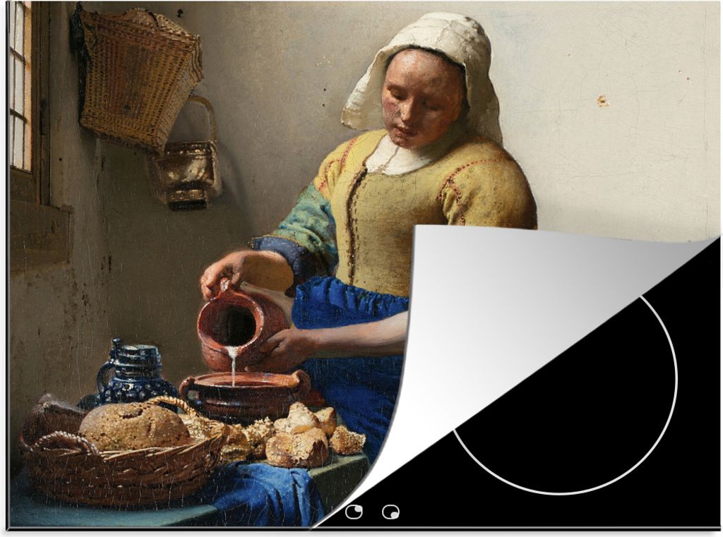 KitchenYeah Herdabdeckplatte Das Milchmädchen - Kunst - Alte Meister - Vermeer , 59x52cm, Küche Deko, Glaskeramikfeld Herdabdeckung, Abdeckplat...