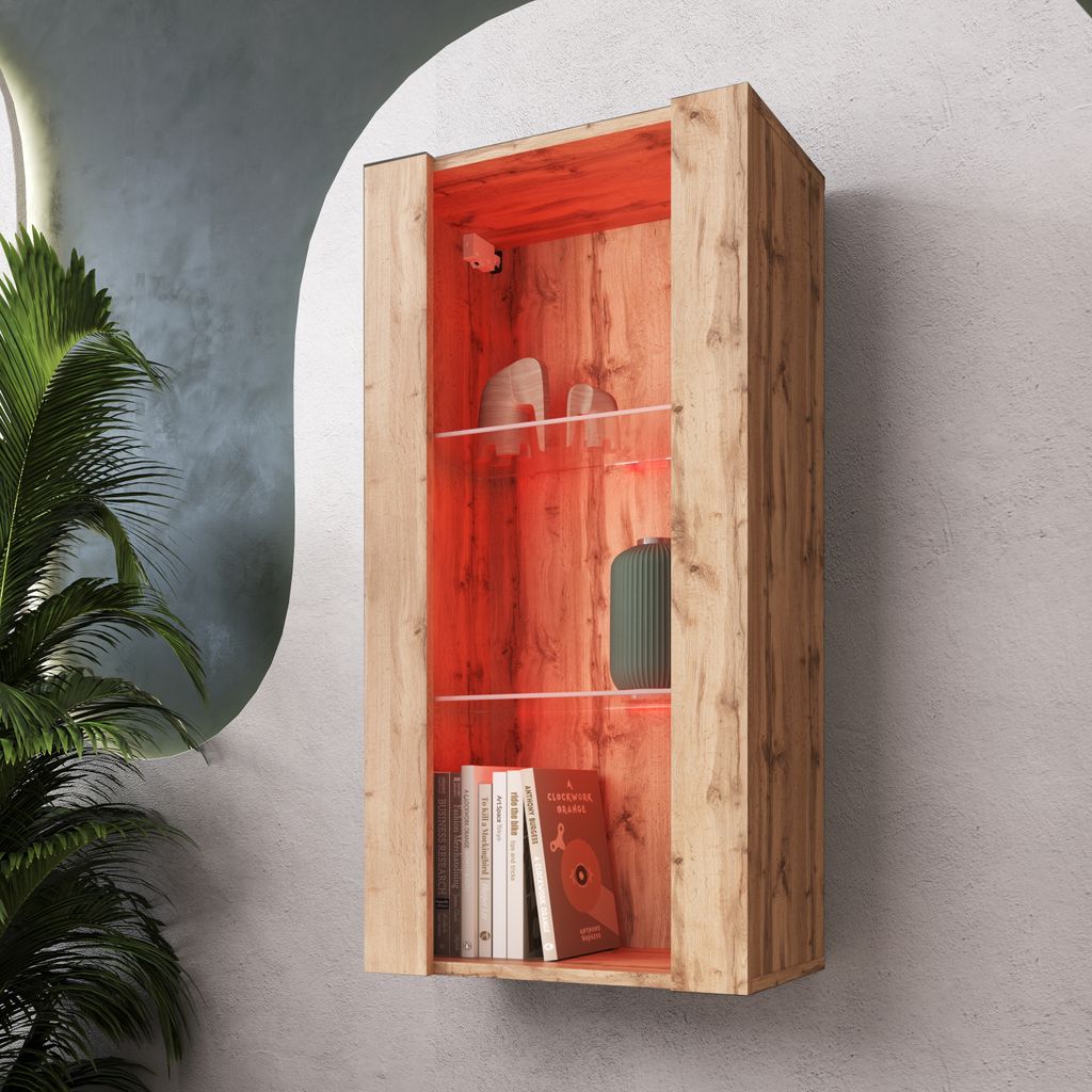 Komodee, Hängende Vitrine Schrank Tivoli, Wotan/Wotan, Breite 50cm x Höhe 100cm 50cm x Tiefe 29cm, LED RGB, 2 Regalböden, für Wohnzimmer, Schla...