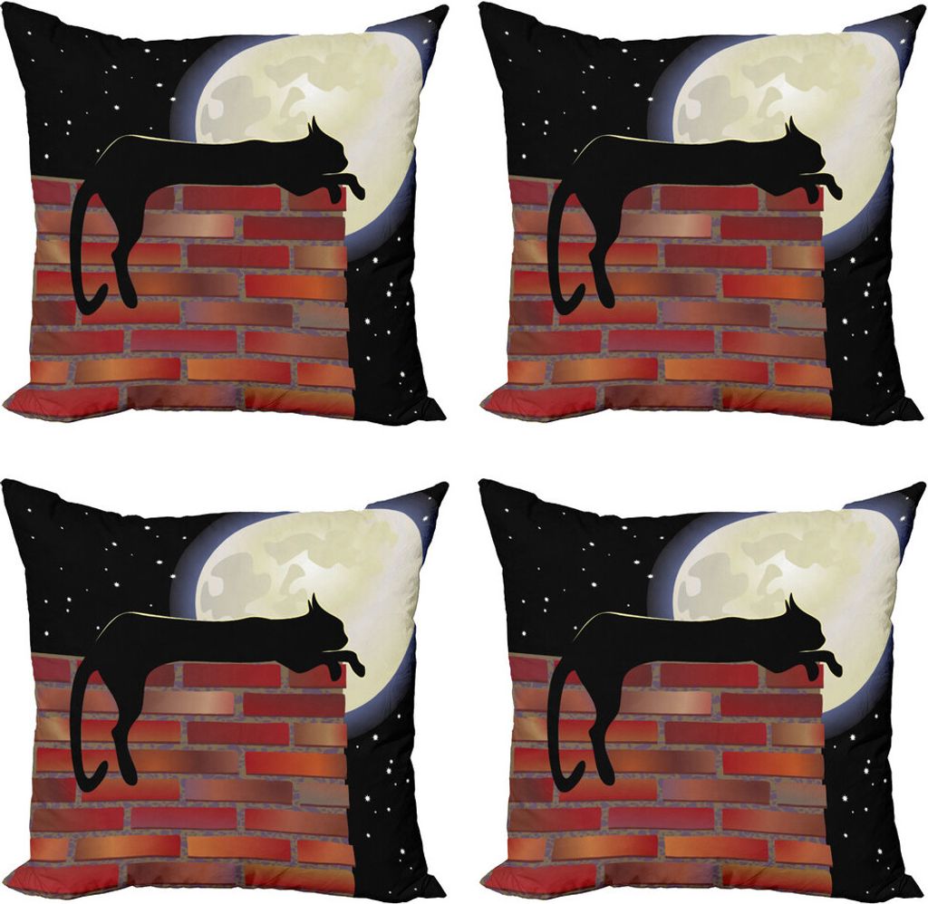 ABAKUHAUS Mond Kissenbezug Set (4 Stück), Sillhouette Cat Resting, Moderner Doppelseitiger Digitaldruck, 45 cm x 45 cm, Schwarz Elfenbein Vermilion