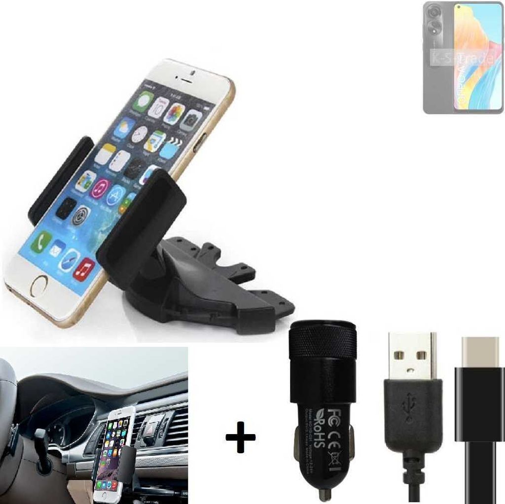 K-S-Trade CD Schlitz Handy-Halterung kompatibel mit Oppo A78 4G Autohalterung KFZ-Halter Radio Handy Halterung 360° drehbar CD-Schacht inkl. USB-C