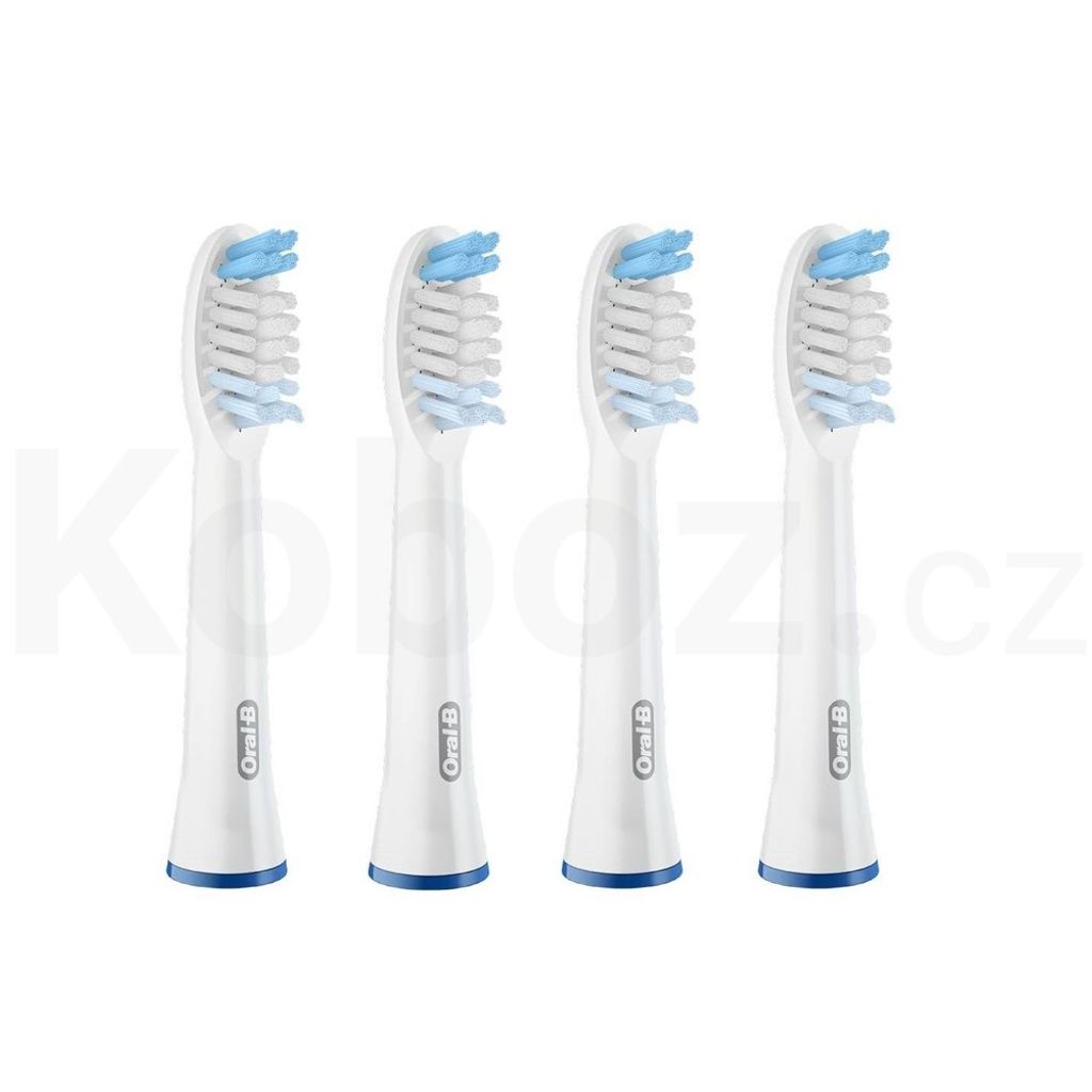 Four white Oral-B toothbrush heads with blue bristles are lined up against a white background.