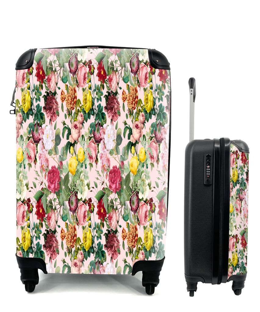 MuchoWow Koffer Handgepäck Trolley Rollkoffer Kleine Reisekoffer mit 4 Rollen - Rosen - Blumen - Muster - Farben - Cabin Size < 55x40x23 cm & 55...