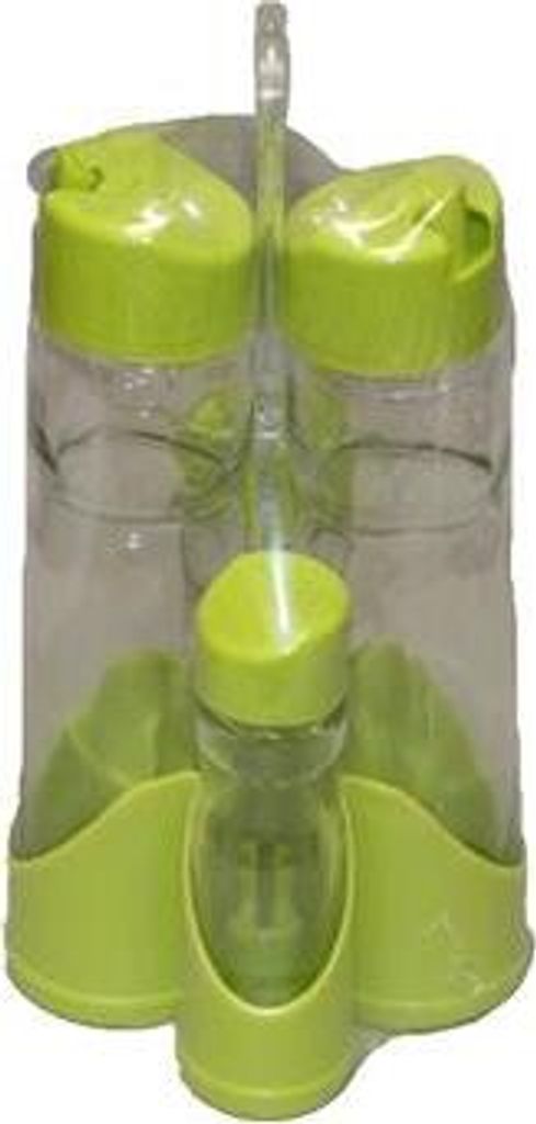 Menage Set 5tlg Essig Öl Salz Pfeffer Gewürzset Spender Kunstoff Glas Grün