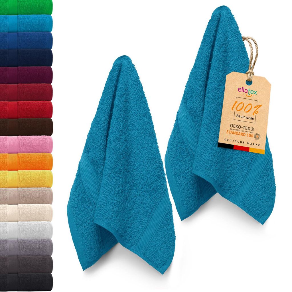 EllaTex PARIS 2er Set Gästetücher 30x50 cm – 100% Baumwolle, 500 g/m² Frottier, in Farbe: Aquamarin