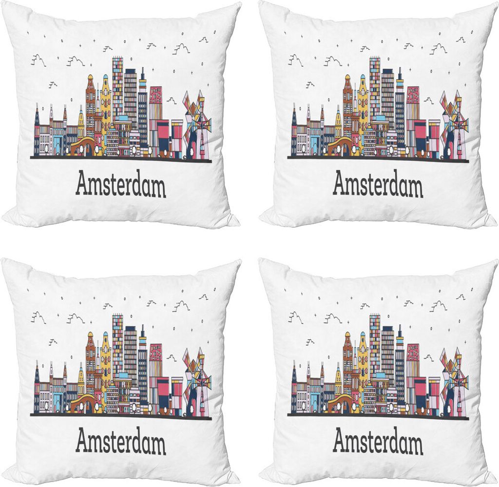 ABAKUHAUS Amsterdam Kissenbezug Set (4 Stück), Niederlande Stadtansicht, Moderner Doppelseitiger Digitaldruck, 40 cm x 40 cm, Weiß und Multicolor