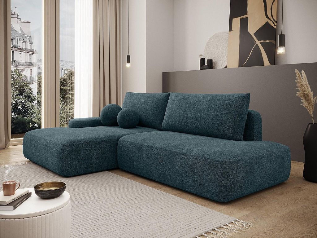 Ecksofa mit Schlaffunktion - Ecke links offen - Strukturstoff - Blau - DAVISO