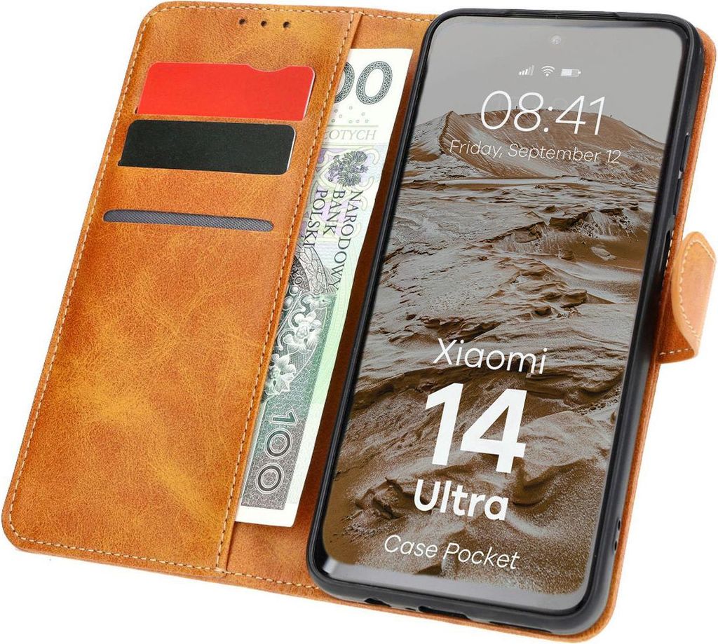 Bizon Case Pocket Flip Case für Xiaomi 14 Ultra, Braun