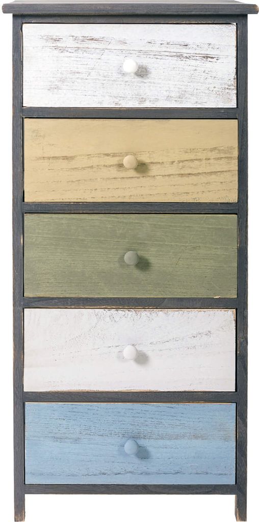 A tall, narrow dresser with five drawers of different colors.