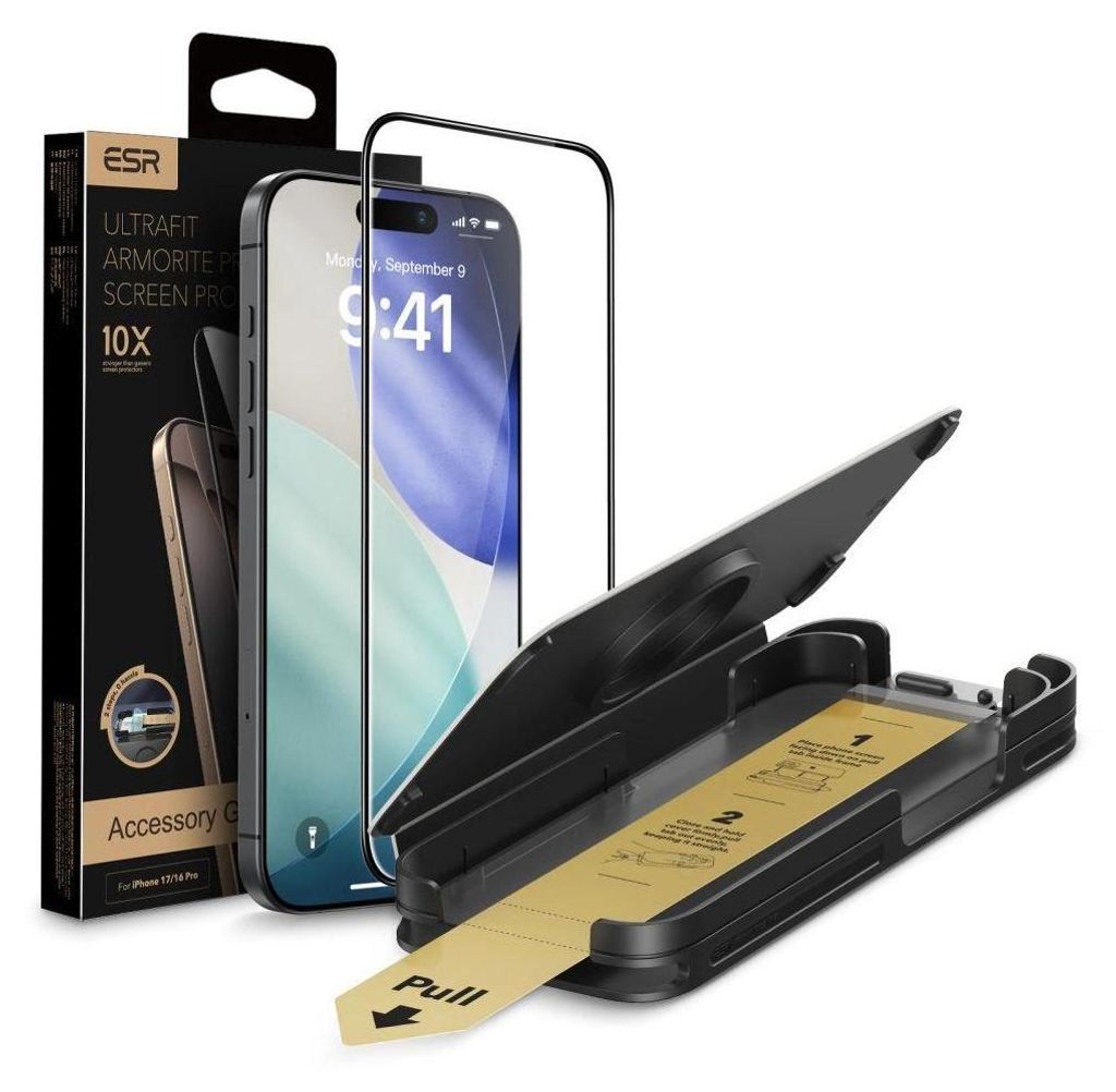 A screen protector kit for an iPhone, including the screen protector, an application tool, and packaging.