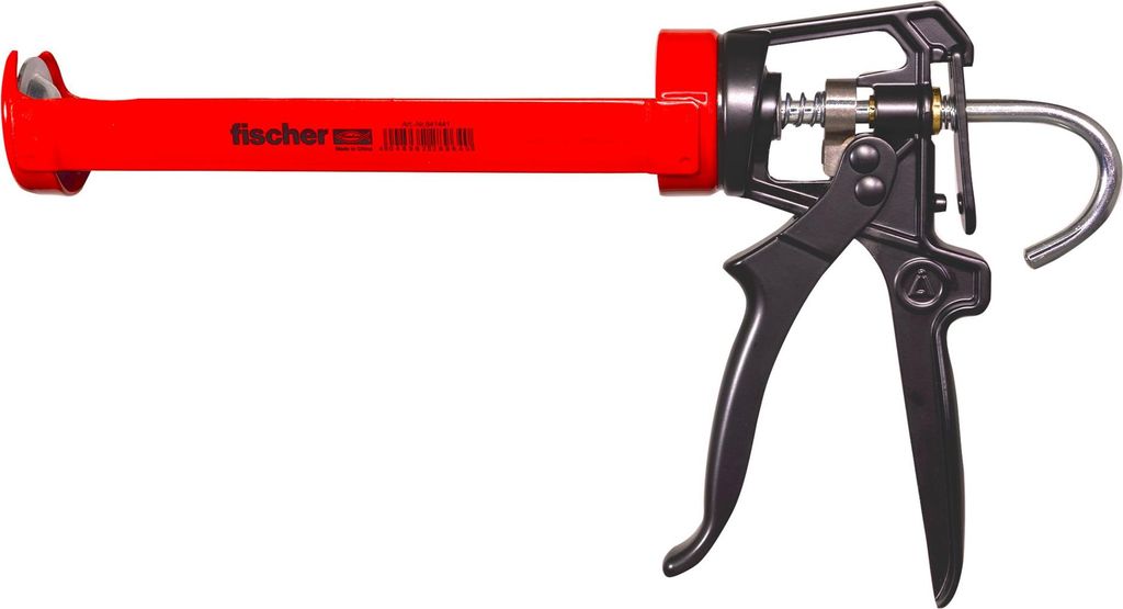 A red and black caulking gun on a white background.