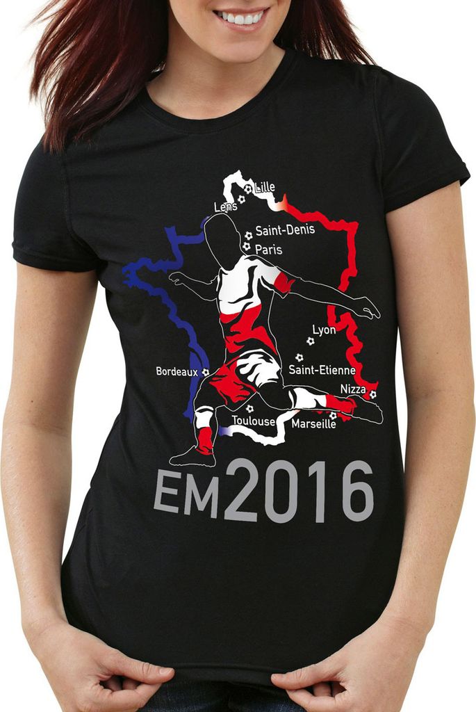 style3 EM 2016 Polen Fan Damen T-Shirt Frankreich alle Spielorte, Farbe:Schwarz, Größe:M