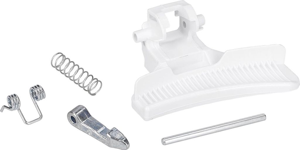 A set of washing machine door handle replacement parts, including a white plastic handle assembly, a metal lever, a long spring, and two smaller springs, laid out on a white background.